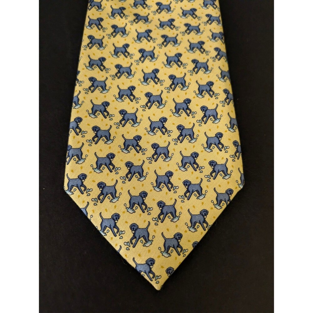 Vineyard Vines Hand Picked By Shep & Ian Yellow Silk Necktie Black Lab